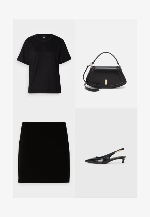 Black cotton t-shirt with a crew neckline, short sleeves, and an embroidered logo on the chest. Simple, relaxed fit with no patterns.; Black mini skirt made of smooth fabric, featuring a simple design with no visible seams or embellishments. Clean lines and straight fit.; Black leather slingback heels with a pointed toe, featuring a slim heel and a gold-tone accent on the adjustable strap. Smooth texture.; Black leather handbag with a structured design, featuring a cropped shape, top handle, and gold hardware accent. Adjustable shoulder strap included.