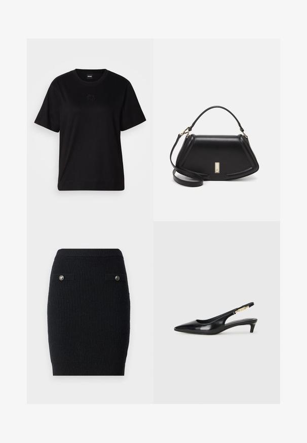 Crna pamučna majica s okruglim izrezom, kratkim rukavima i izvezenim logotipom na prsima. Jednostavan, opušten kroj bez uzorka.; Crna pletena suknja s prilagođenim oblikom, koja ima dva prednja džepa i metalne gumbe na preklopima džepova. Teksturedna tkanina.; Crne kožne sandale s petom, s izduženim vrhom, imaju usku petu i zlatni akcent na podesivoj traci. Glatka tekstura.; Crna kožna torba s strukturiranim dizajnom, s krojenim oblikom, gornjom drškom i zlatnim detaljima. Uključena je podesiva ramena traka.