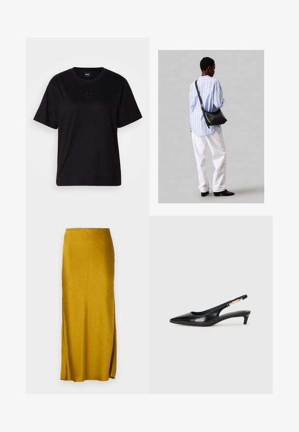Fekete pamut póló kerek nyakkivágással, rövid ujjakkal és hímzett logóval a mellkasán. Egyszerű, laza szabás, minta nélkül.; Mustár sárga maxi szoknya sima anyagból, egyenes fazonnal. Oldalsó hasítékkal és gumis derékkal rendelkezik.; Fekete bőr slingback magassarkúk, hegyes orral, vékony sarkakkal és arany színű részlettel a állítható pánton. Simа felület.; Fekete bőr válltáska puha tapintással, háromszög alakú, állítható pánttal, világoskék csíkos inggel és fehér nadrággal párosítva.