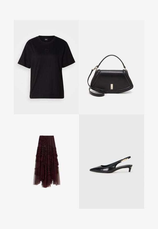 Maglietta in cotone nera con scollatura tonda, maniche corte e logo ricamato sul petto. Design semplice e vestibilità rilassata senza motivi.; Gonna in tulle bordeaux con strati arricciati, vita elasticizzata e lunghezze variabili, caratterizzata da una texture soffice e leggera.; Tacchi slingback in pelle nera con punta affusolata, caratterizzati da un tacco alto e un accento dorato sulla cinghia regolabile. Texture liscia.; Borsa a mano in pelle nera con un design strutturato, caratterizzata da una forma corta, manico superiore e accessori in metallo dorato. Inclusa tracolla regolabile.