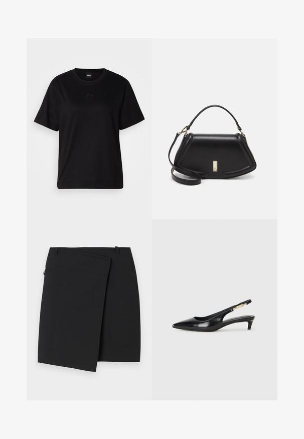 Melna kokvilnas T-krekls ar apaļu izgriezumu, īsām piedurknēm un izšūtu logotipu uz krūtīm. Vienkāršs, brīvs piegriezums bez rakstiem.; Melna sarafāna svārka ar gludu tekstūru, kas aprīkota ar sānu rāvējslēdzēju un divām jostu cilpām. Vienkāršs dizains bez redzamām rakstāmām vai akcentiem.; Melnas ādas slingback zābaki ar smailu purngalu, ar šauru papēdi un zelta krāsas akcentu uz regulējama siksniņas. Gluda tekstūra.; Melnas ādas roku soma ar struktūru, ar īsu formu, augšējo rokturi un zelta aksesuāriem. Iekļauta regulējama plecu siksna.