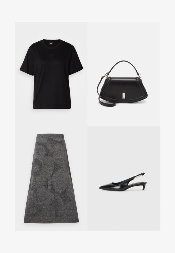 T-shirt en coton noir avec un col rond, des manches courtes et un logo brodé sur la poitrine. Coupe simple et décontractée sans motifs.; Jupe grise, longueur genoux, avec une finition texturée et scintillante. Présente un motif sombre subtil. Design en A avec une taille ajustée.; Talons hauts en cuir noir avec un bout pointu, dotés d'un talon fin et d'un accent en ton or sur la lanière réglable. Texture lisse.; Sac à main en cuir noir avec un design structuré, featuring une forme cropped, une poignée supérieure et des accents en matériel doré. Bandoulière réglable incluse.