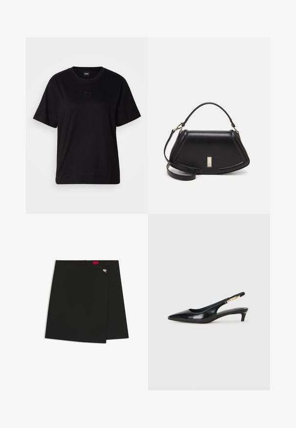 Melna kokvilnas T-krekls ar apaļu izgriezumu, īsām piedurknēm un izšūtu logotipu uz krūtīm. Vienkāršs, brīvs piegriezums bez rakstiem.; Melnā apvalka svārki ar gludu tekstūru, kas dekorēti ar sarkano logotipa birku un sudraba aksesuāru. Vienkāršs dizains ar tīru griezumu.; Melnas ādas slingback zābaki ar smailu purngalu, ar šauru papēdi un zelta krāsas akcentu uz regulējama siksniņas. Gluda tekstūra.; Melnas ādas roku soma ar struktūru, ar īsu formu, augšējo rokturi un zelta aksesuāriem. Iekļauta regulējama plecu siksna.