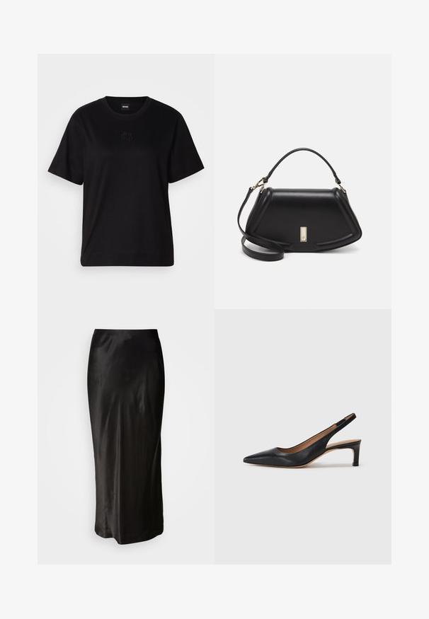 Svart bomullströja med rund halsringning, korta ärmar och en broderad logotyp på bröstet. Enkel, avslappnad passform utan mönster.; Satin kjol i svart med en mjuk textur. Golvlång design med en figursydd midja och en lätt utvidgning vid fållen. Inga synliga mönster eller hårdvara.; Svart läder slingback pumps med spetsig tå, låg klack och en mjuk yta. Har ett tunt justerbart rem för en säker passform.; Svart läderhandväska med en strukturerad design, som har en avskuren form, ett handtag upptill och guldiga detaljer. Justerbar axelrem ingår.
