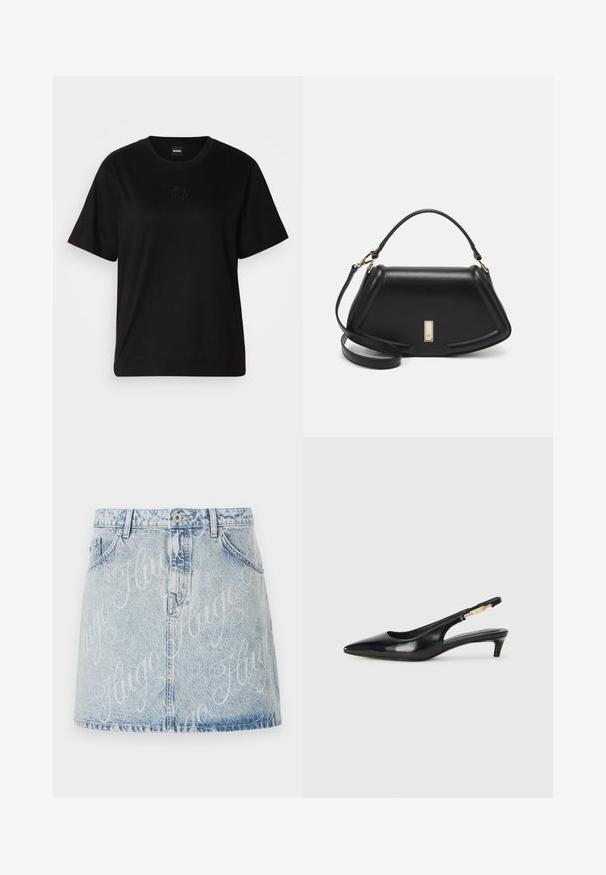 Maglietta in cotone nera con scollatura tonda, maniche corte e logo ricamato sul petto. Design semplice e vestibilità rilassata senza motivi.; Gonna in denim azzurro chiaro con lavaggio sbiadito, dotata di chiusura con bottoni anteriori e motivo in logo "Hugo" su tutta la superficie. Stile a cinque tasche.; Tacchi slingback in pelle nera con punta affusolata, caratterizzati da un tacco alto e un accento dorato sulla cinghia regolabile. Texture liscia.; Borsa a mano in pelle nera con un design strutturato, caratterizzata da una forma corta, manico superiore e accessori in metallo dorato. Inclusa tracolla regolabile.
