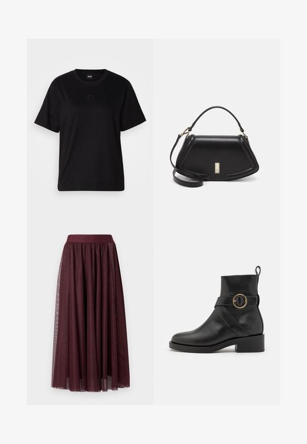 T-shirt en coton noir avec un col rond, des manches courtes et un logo brodé sur la poitrine. Coupe simple et décontractée sans motifs.; Jupe midi en tulle bordeaux foncé avec une large taille élastique et de longs rubans décoratifs sur les côtés.; BOSS IRYNA BOOTIE - Bottines à plateau - black; Sac à main en cuir noir avec un design structuré, featuring une forme cropped, une poignée supérieure et des accents en matériel doré. Bandoulière réglable incluse.