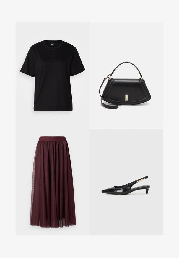 Fekete pamut póló kerek nyakkivágással, rövid ujjakkal és hímzett logóval a mellkasán. Egyszerű, laza szabás, minta nélkül.; Sötét bordó midi tüll szoknya széles elasztikus derékpánttal és hosszú dekoratív oldalszalagokkal.; Fekete bőr slingback magassarkúk, hegyes orral, vékony sarkakkal és arany színű részlettel a állítható pánton. Simа felület.; Fekete bőr kézitáska, strukturált dizájnnal, rövidített formával, felső fogantyúval és arany színű kiegészítőkkel. Állítható vállpánt is tartozik hozzá.