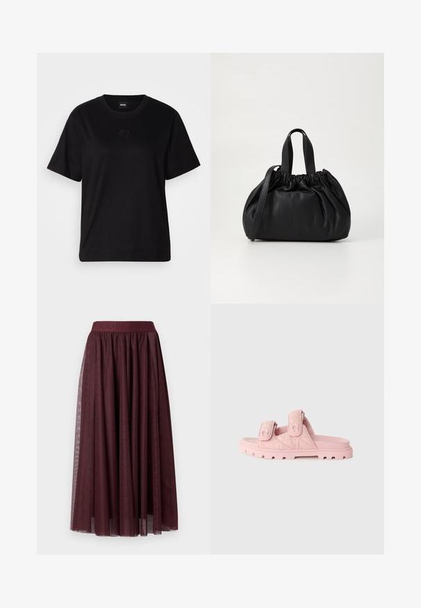 Camiseta de algodón negra con cuello redondo, mangas cortas y un logo bordado en el pecho. Ajuste simple y relajado sin patrones.; Falda midi de tul burdeos oscuro con una amplia cinturilla elástica y largas cintas decorativas laterales.; Sandalias de playa rosas con dos correas de Velcro ajustables, parte superior de tela texturizada y una suela gruesa y resistente con profundos surcos.; Bolso de mano de cuero negro con un diseño de parte superior fruncida, que cuenta con dos asas cortas y una correa larga ajustable. Textura suave, forma redondeada.