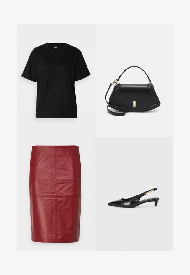 Crna pamučna majica s okruglim izrezom, kratkim rukavima i izvezenim logotipom na prsima. Jednostavan, opušten kroj bez uzorka.; 2nd Day JAYAN - Kožnata suknja - biking red; Crne kožne sandale s petom, s izduženim vrhom, imaju usku petu i zlatni akcent na podesivoj traci. Glatka tekstura.; Crna kožna torba s strukturiranim dizajnom, s krojenim oblikom, gornjom drškom i zlatnim detaljima. Uključena je podesiva ramena traka.