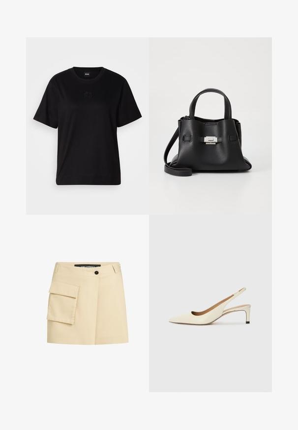 Črna bombažna majica s krožnim izrezom, kratkimi rokavi in izvezenim logotipom na prsih. Preprosta, sproščena silhueta brez vzorcev.; Bežna krilna krila z oprijetim pasom, sprednjim gumbom in cargo žepom na levi strani. Gladka tkanina z krojem po meri.; Sandal z visokim prstom iz belega usnja, ki ima nizek peto in izrezljan dizajn z gladko teksturo in minimalnimi poudarki.; Črna usnjena torbica z teksturirano površino, ki ima dva zgornja ročaja, odstranljiv ramenski trak in podrobnosti z srebrnim zapiranjem.