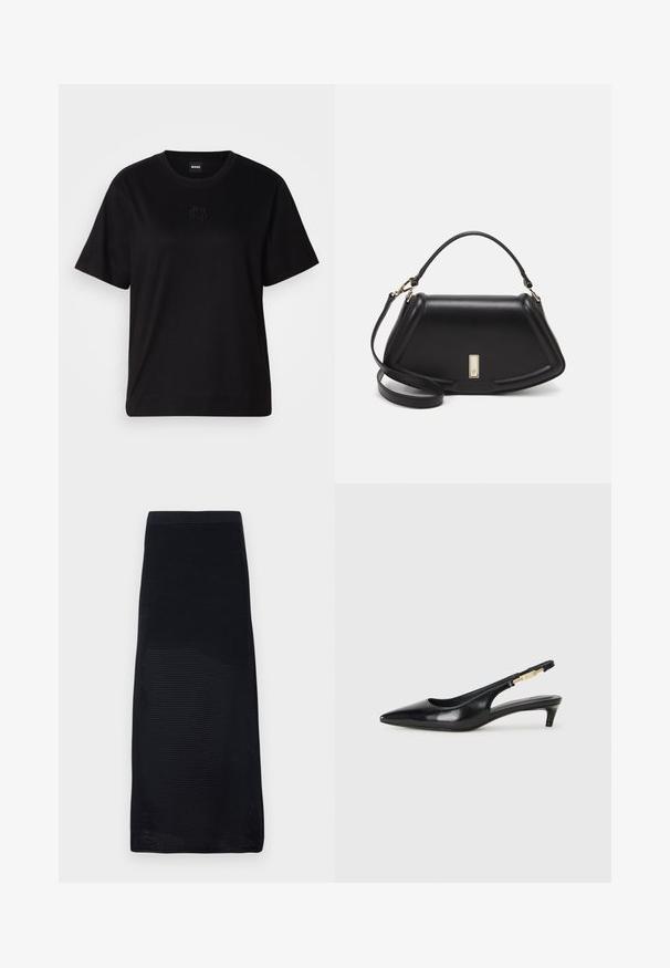 Fekete pamut póló kerek nyakkivágással, rövid ujjakkal és hímzett logóval a mellkasán. Egyszerű, laza szabás, minta nélkül.; Fekete midi szoknya strukturált hálós anyagból, melynek illeszkedő derékrésze és egyenes szabása van, szolid színnel, minta nélkül.; Fekete bőr slingback magassarkúk, hegyes orral, vékony sarkakkal és arany színű részlettel a állítható pánton. Simа felület.; Fekete bőr kézitáska, strukturált dizájnnal, rövidített formával, felső fogantyúval és arany színű kiegészítőkkel. Állítható vállpánt is tartozik hozzá.