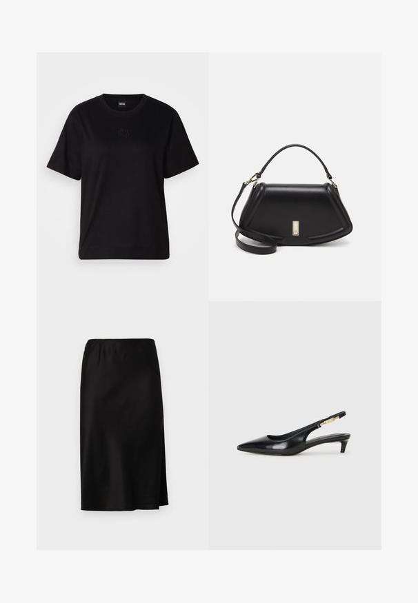 T-shirt en coton noir avec un col rond, des manches courtes et un logo brodé sur la poitrine. Coupe simple et décontractée sans motifs.; Jupe en satin noir avec une taille élastique, dotée d'une fente sur le côté pour faciliter les mouvements et d'une texture lisse et brillante.; Talons hauts en cuir noir avec un bout pointu, dotés d'un talon fin et d'un accent en ton or sur la lanière réglable. Texture lisse.; Sac à main en cuir noir avec un design structuré, featuring une forme cropped, une poignée supérieure et des accents en matériel doré. Bandoulière réglable incluse.