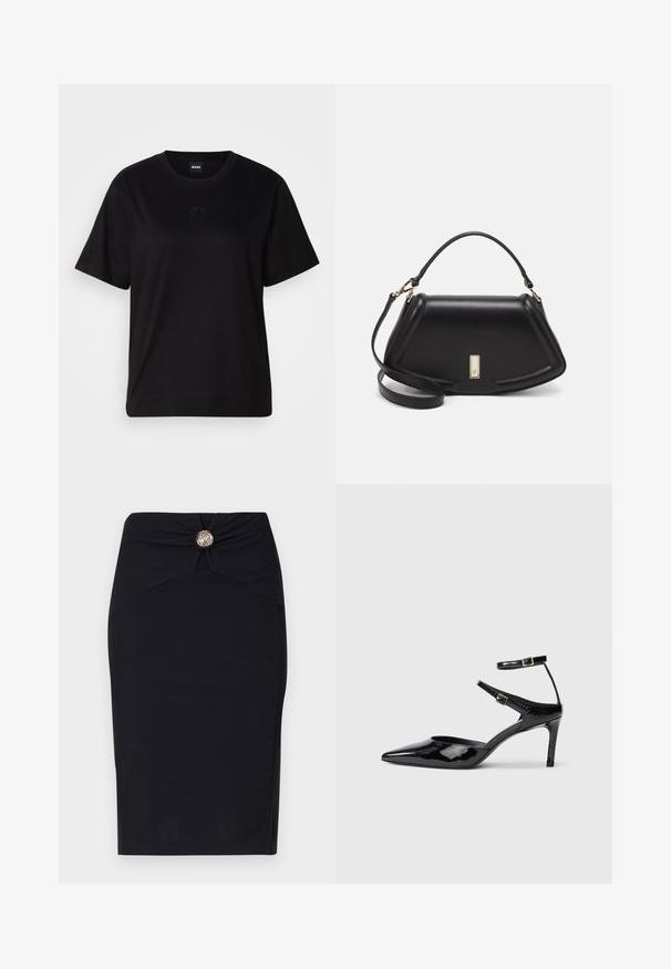 Mustmust särk, millel on ümar kaelus, lühikesed varrukad ja tindiga tikitud logo rinnal. Lihtne, mugav lõige ilma mustriteta.; Musta pliiatsseeliku disain, millel on vormitud lõige, keeratud esidetail ja ümmargune kuldne nööp aktsent vöökoht. Sile kangas.; Mustad nahast mustad kontsad terava ninaga, reguleeritavate pahkluu rihmade ja õhukese kontsaga. Sile tekstuur läikiva viimistlusega.; Must mustrist käekott, millel on struktureeritud disain, lühendatud kuju, ülemine käepide ja kuldne metallist detail. Reguleeritav õlalihm on kaasas.