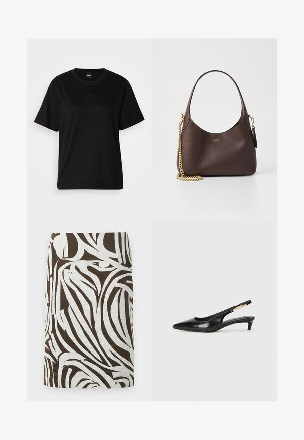 Fekete pamut póló kerek nyakkivágással, rövid ujjakkal és hímzett logóval a mellkasán. Egyszerű, laza szabás, minta nélkül.; Barna és fehér ceruzaszoknya, absztrakt zebra mintával, térdig érő, egyenes szabású.; Fekete bőr slingback magassarkúk, hegyes orral, vékony sarkakkal és arany színű részlettel a állítható pánton. Simа felület.; COACH BROOKLYN SHOULDER BAG 23 - Kézitáska - maple
