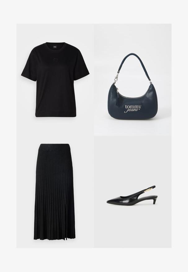 Fekete pamut póló kerek nyakkivágással, rövid ujjakkal és hímzett logóval a mellkasán. Egyszerű, laza szabás, minta nélkül.; Fekete, pliszírozott midi szoknya bordás derékpánttal, amely texturált anyagból készült, oldalsó részt hasítással és függőleges csíkokkal az egész designban.; Fekete bőr slingback magassarkúk, hegyes orral, vékony sarkakkal és arany színű részlettel a állítható pánton. Simа felület.; Tengerészkék bőr kézitáska kerek formával, ezüst cipzárral és "tommy jeans" logóval, amely dőlt betűtípussal van a táska elején. Rövid fogantyúval.