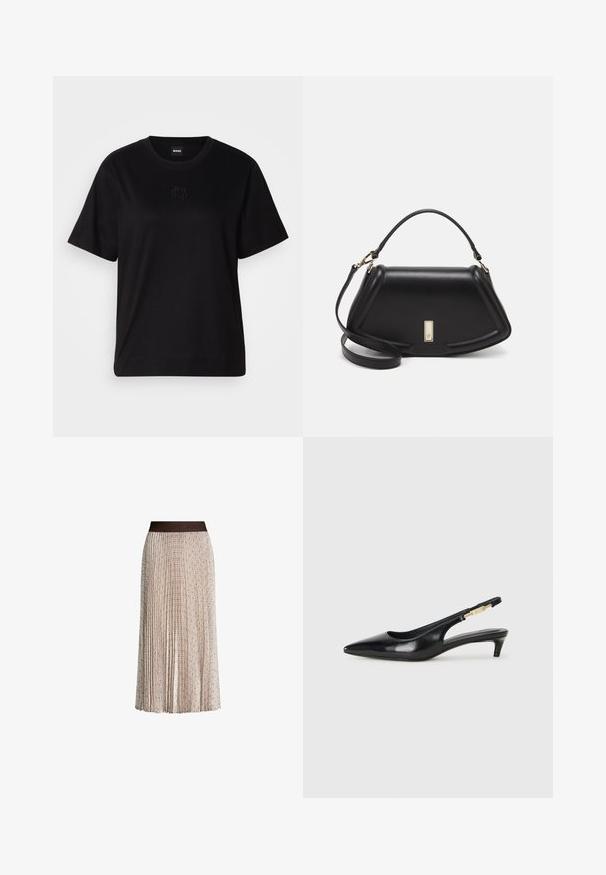 Mustmust särk, millel on ümar kaelus, lühikesed varrukad ja tindiga tikitud logo rinnal. Lihtne, mugav lõige ilma mustriteta.; Kortsiriba lihvitud beež midi seelik, millel on peen geomeetriline muster ja tumedast materjalist värv, millel on reljeefne "JOOP!" logo.; Mustad nahast slingback kontsad terava ninaga, millel on õhuke konts ja kuldse tooni aktsent reguleeritaval rihmal. Sile tekstuur.; Must mustrist käekott, millel on struktureeritud disain, lühendatud kuju, ülemine käepide ja kuldne metallist detail. Reguleeritav õlalihm on kaasas.