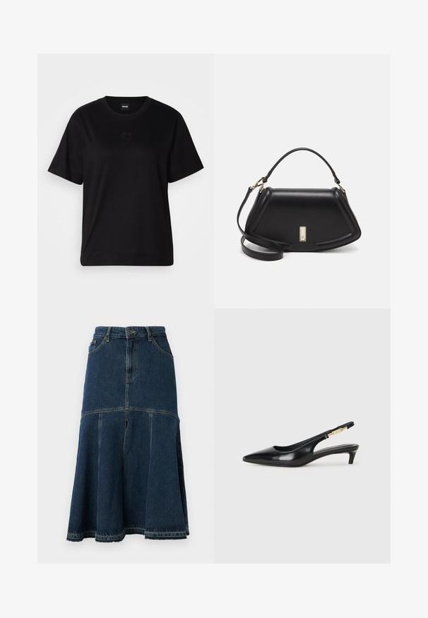 Svart bomull T-skjorte med rund hals, korte ermer og et brodert logo på brystet. Enkel, avslappet passform uten mønstre.; Jeansskjørt i mørk blå farge med utvidet fasong, høy midje, forlommer og rå himmelinje. Slitt tekstur og sømdetaljer.; Sorte lærreim hæler med spiss tå, som har en slank hæl og en gullfarget detalj på den justerbare stroppen. Glatt tekstur.; Sort lærveske med en strukturert design, som har en avkortet form, topphåndtak og detaljer i gull. Justerbar skulderstropp inkludert.