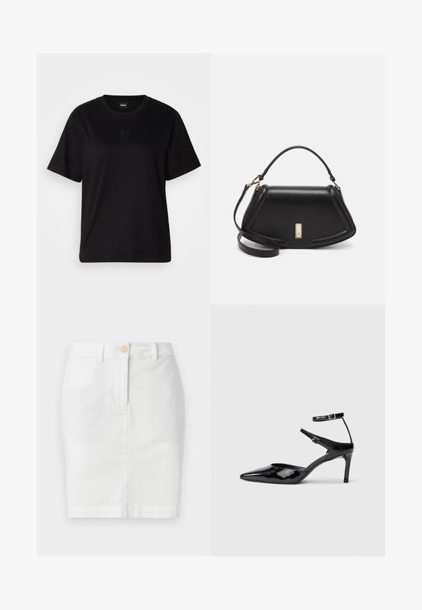 T-shirt en coton noir avec un col rond, des manches courtes et un logo brodé sur la poitrine. Coupe simple et décontractée sans motifs.; Jupe crayon en coton blanc avec fermeture à boutons sur le devant, passants de ceinture et texture lisse. Design minimaliste, longueur genou.; Talons en cuir verni noir avec un bout pointu, des sangles de cheville ajustables et un talon fin. Texture lisse avec une finition brillante.; Sac à main en cuir noir avec un design structuré, featuring une forme cropped, une poignée supérieure et des accents en matériel doré. Bandoulière réglable incluse.