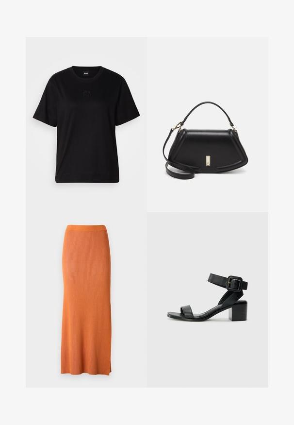 Svart bomull T-skjorte med rund hals, korte ermer og et brodert logo på brystet. Enkel, avslappet passform uten mønstre.; Samsøe Samsøe SACHERYL SKIRT - Maxiskjørt - autumn maple mel; Svart lær hæl sandal med justerbar ankelstropp, åpen tå design og firkantet blokk hæl. Glatt tekstur, minimalistisk stil.; Sort lærveske med en strukturert design, som har en avkortet form, topphåndtak og detaljer i gull. Justerbar skulderstropp inkludert.