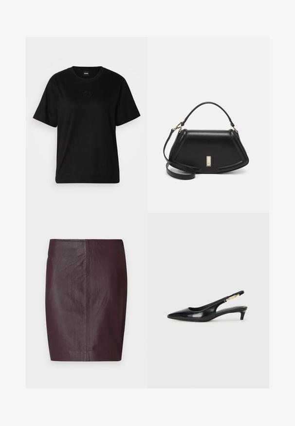 Svart bomullströja med rund halsringning, korta ärmar och en broderad logotyp på bröstet. Enkel, avslappnad passform utan mönster.; Mörkröd läderkjol med en slät yta, figurnära design och rak silhuett. Har minimala sömmar och inget synligt hårdvara.; Svart läder slingback-hälar med spetsig tå, med en smal klack och en guldtonad detalj på den justerbara remmen. Slät textur.; Svart läderhandväska med en strukturerad design, som har en avskuren form, ett handtag upptill och guldiga detaljer. Justerbar axelrem ingår.