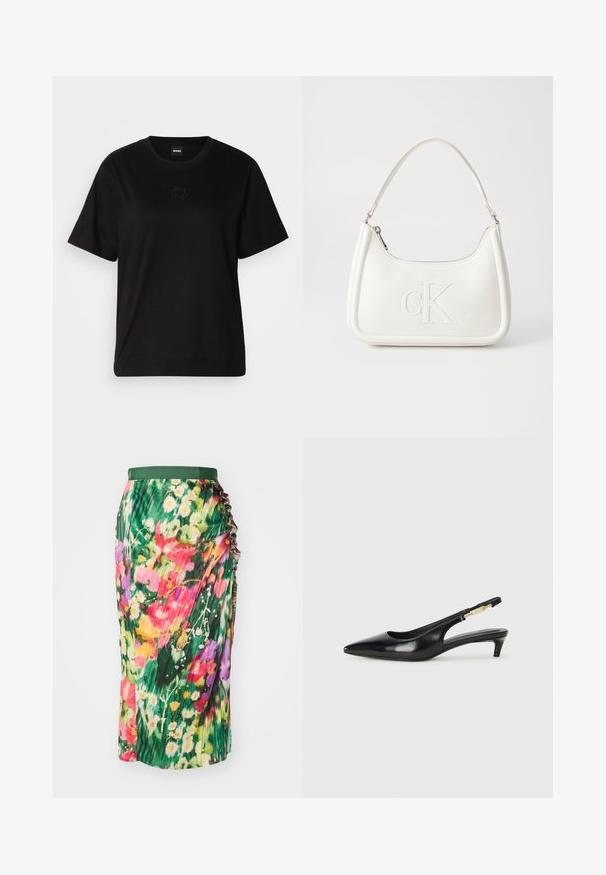 Mustmust särk, millel on ümar kaelus, lühikesed varrukad ja tindiga tikitud logo rinnal. Lihtne, mugav lõige ilma mustriteta.; Lille lille seeliku, millel on roheline vöökoht, volditud tekstuur ja värvikas õie muster, kus on roosa, lilla ja kollased aktsendid.; Mustad nahast slingback kontsad terava ninaga, millel on õhuke konts ja kuldse tooni aktsent reguleeritaval rihmal. Sile tekstuur.; Valge nahast käekott, millel on kumer kuju, esiküljel on reljeefne "CK" logo ja üks õlavarre rihm. Ülemine tõmblukkuu.