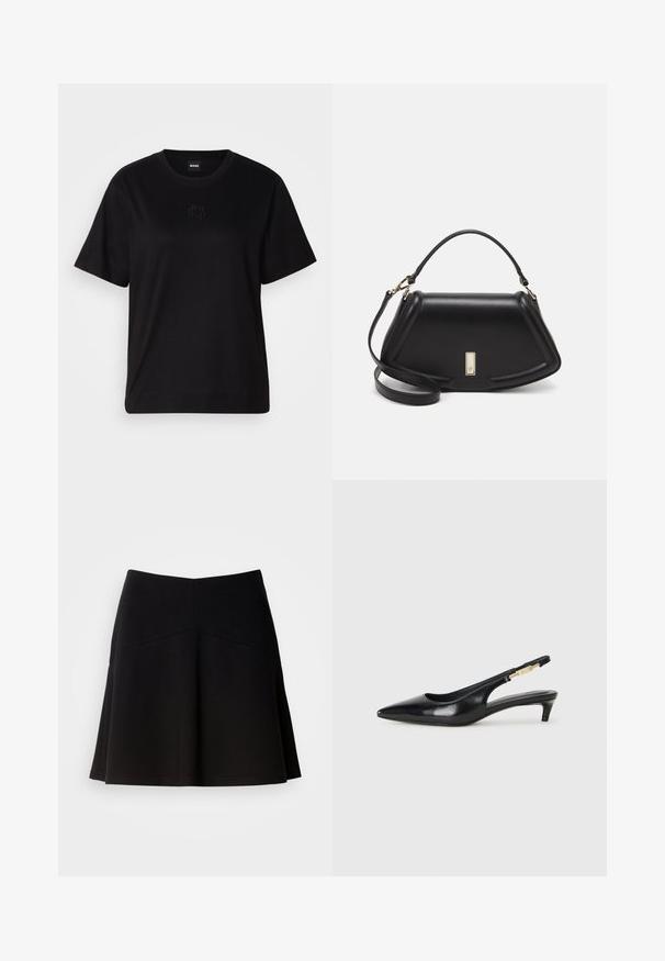 Zwarte katoenen t-shirt met een ronde hals, korte mouwen en een geborduurd logo op de borst. Eenvoudige, comfortabele pasvorm zonder patronen.; Zwarte klokrok van zacht stof, met een strakke tailleband en naaddetails. Glad textuur met een eenvoudig, klassiek ontwerp.; Zwarte leren slingback hakken met een spitse neus, voorzien van een slanke hak en een goudkleurige accent op de verstelbare band. Gladde textuur.; Zwarte leren handtas met een gestructureerd ontwerp, featuring een verkorte vorm, bovenhandvat en gouden hardwareaccent. Inclusief verstelbare schouderband.