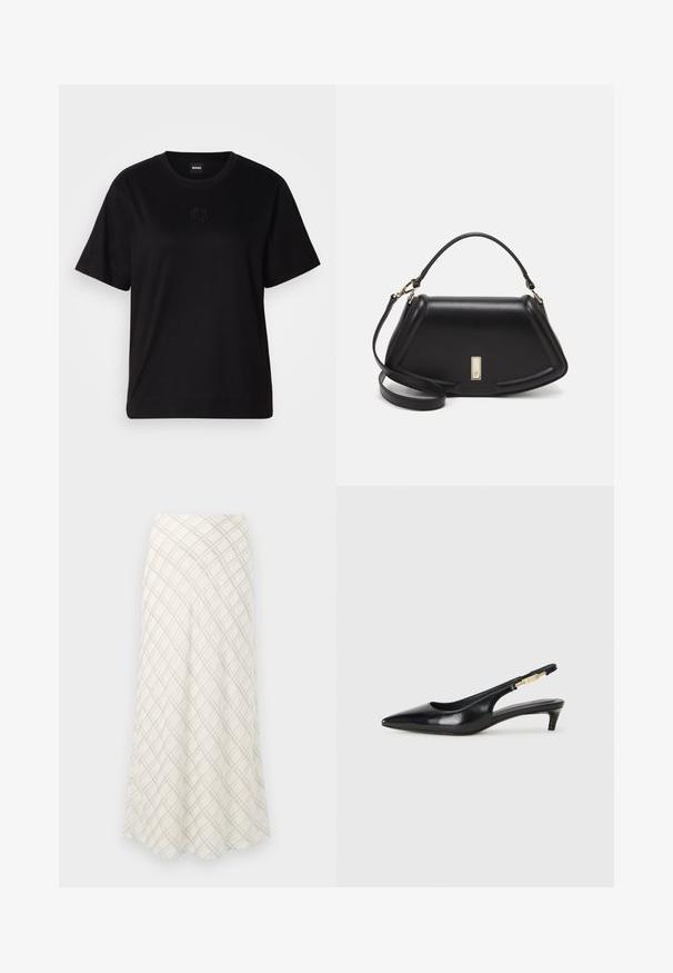 Black cotton t-shirt with a crew neckline, short sleeves, and an embroidered logo on the chest. Simple, relaxed fit with no patterns.; Long, cream-colored skirt with a diagonal plaid pattern in gray. Flowing design with a smooth texture, flaring towards the hem.; Black leather slingback heels with a pointed toe, featuring a slim heel and a gold-tone accent on the adjustable strap. Smooth texture.; Black leather handbag with a structured design, featuring a cropped shape, top handle, and gold hardware accent. Adjustable shoulder strap included.