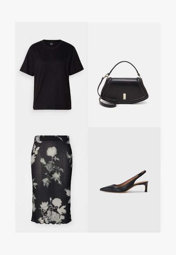 Fekete pamut póló kerek nyakkivágással, rövid ujjakkal és hímzett logóval a mellkasán. Egyszerű, laza szabás, minta nélkül.; Fekete bordázott szoknya fehér virágmintával, formázott fazonban és fodros szegéllyel. Az anyaga nyújthatónak és könnyűnek tűnik.; Fekete bőr slingback pumpa hegyes orral, alacsony sarokkal és sima textúrával. Vékony, állítható pánttal rendelkezik a biztos illeszkedés érdekében.; Fekete bőr kézitáska, strukturált dizájnnal, rövidített formával, felső fogantyúval és arany színű kiegészítőkkel. Állítható vállpánt is tartozik hozzá.
