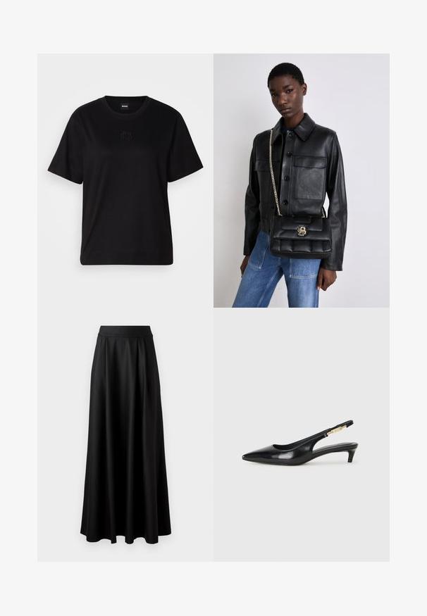 Melna kokvilnas T-krekls ar apaļu izgriezumu, īsām piedurknēm un izšūtu logotipu uz krūtīm. Vienkāršs, brīvs piegriezums bez rakstiem.; Melnas, grīdai pieguļošas svārki ar gludu tekstūru, platām jostām un pleitu dizainu, bez redzamām apdrukām vai rotājumiem.; Melnas ādas slingback zābaki ar smailu purngalu, ar šauru papēdi un zelta krāsas akcentu uz regulējama siksniņas. Gluda tekstūra.; Melnas ādas jaka ar pogu aizdari un divām priekšējām kabatām, kopā ar melnu pufīgu rokassomu ar zelta sprādzi un ķēdes siksnu.
