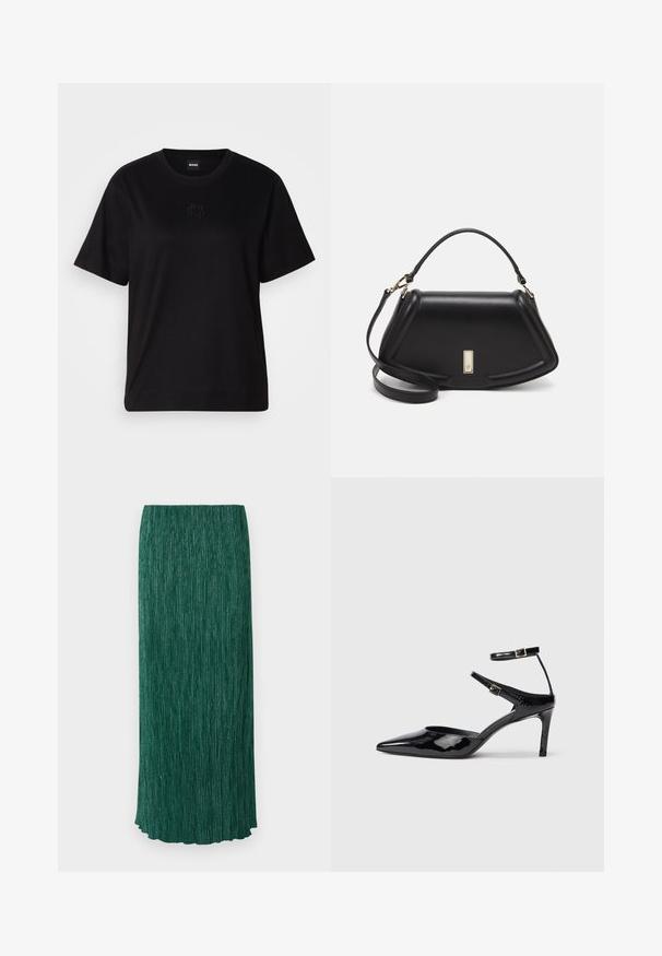 Schwarzes Baumwoll-T-Shirt mit Rundhalsausschnitt, kurzen Ärmeln und aufgesticktem Logo auf der Brust. Einfacher, lässiger Schnitt ohne Muster.; Langer grüner Rock mit strukturierter Oberfläche, vertikalen Falten und einem dezenten Glanz. Er hat eine gerade Silhouette und einen gewellten Saum.; Schwarze Lacklederabsätze mit spitzer Zehenpartie, verstellbaren Knöchelriemen und einem schlanken Absatz. Glatte Textur mit glänzender Oberfläche.; Schwarze Lederhandtasche mit einem strukturierten Design, das eine verkürzte Form, einen oberen Griff und goldfarbene Hardware-Details aufweist. Verstellbarer Schulterriemen ist enthalten.