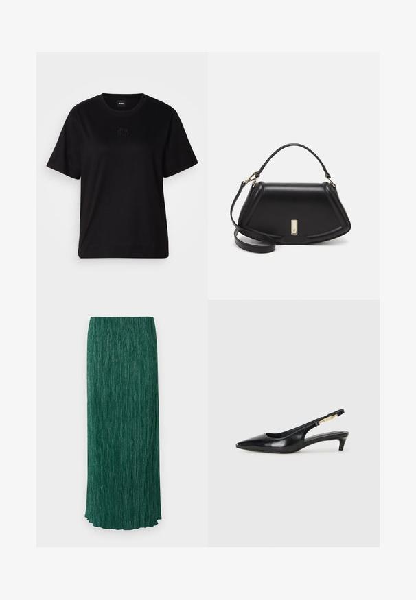 Juodas medvilninis marškinėliai su apvalia iškirpte, trumpomis rankovėmis ir siuvinėjimu ant krūtinės. Paprastas, laisvas siluetas be raštų.; Ilga žalia sijonas, turintis tekstūruotą paviršių su vertikaliomis klostėmis ir subtiliu blizgesiu. Jis turi tiesią siluetą ir išlenktą apatinį kraštą.; Juodas odinis pavasario batelių modelis su smailiu nosiu, turintis siaurą kulniuką ir auksinės spalvos akcentu reguliuojamoje juostoje. Lygi tekstūra.; Juoda odinė rankinė su struktūrizuotu dizainu, turi trumpą formą, viršutinę rankeną ir auksinius akcentus. Pridėtas reguliuojamas peties diržas.
