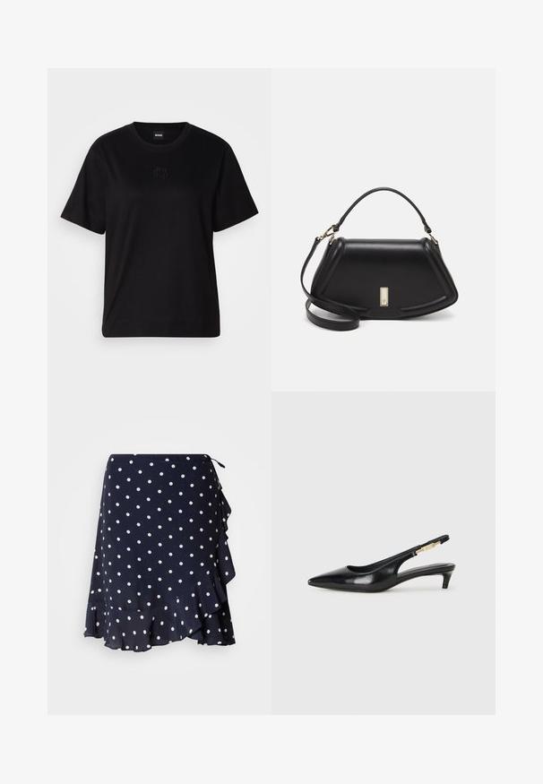 Maglietta in cotone nera con scollatura tonda, maniche corte e logo ricamato sul petto. Design semplice e vestibilità rilassata senza motivi.; GANT DOT PRINT FRILL SKIRT - Gonna a portafoglio - evening blue; Tacchi slingback in pelle nera con punta affusolata, caratterizzati da un tacco alto e un accento dorato sulla cinghia regolabile. Texture liscia.; Borsa a mano in pelle nera con un design strutturato, caratterizzata da una forma corta, manico superiore e accessori in metallo dorato. Inclusa tracolla regolabile.