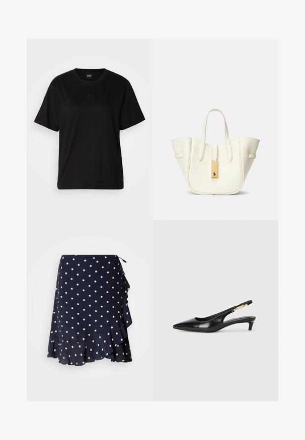 Maglietta in cotone nera con scollatura tonda, maniche corte e logo ricamato sul petto. Design semplice e vestibilità rilassata senza motivi.; GANT DOT PRINT FRILL SKIRT - Gonna a portafoglio - evening blue; Tacchi slingback in pelle nera con punta affusolata, caratterizzati da un tacco alto e un accento dorato sulla cinghia regolabile. Texture liscia.; Borsa tote in pelle bianca con forma strutturata, cuciture evidenti, etichetta in metallo dorato e manici doppi. Superficie testurizzata con tasche laterali.