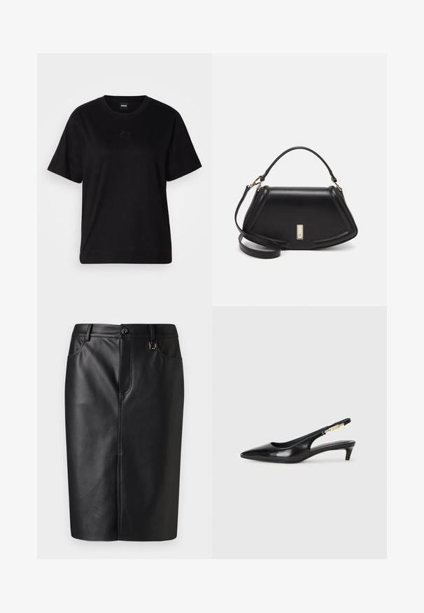Melna kokvilnas T-krekls ar apaļu izgriezumu, īsām piedurknēm un izšūtu logotipu uz krūtīm. Vienkāršs, brīvs piegriezums bez rakstiem.; Melnas ādas zīmuli svārki ar gludu faktūru, priekšpusi ar šķēlumu, sānu kabatām un pogu aizdari jostasvieta. Minimalistisks dizains.; Melnas ādas slingback zābaki ar smailu purngalu, ar šauru papēdi un zelta krāsas akcentu uz regulējama siksniņas. Gluda tekstūra.; Melnas ādas roku soma ar struktūru, ar īsu formu, augšējo rokturi un zelta aksesuāriem. Iekļauta regulējama plecu siksna.