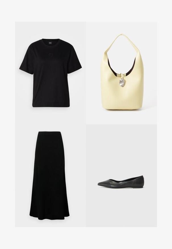 Svart bomullströja med rund halsringning, korta ärmar och en broderad logotyp på bröstet. Enkel, avslappnad passform utan mönster.; Svart midikjol med en figursydd midjeband, utsvängd nederkant, slät textur och inga synliga mönster eller dekorationer.; Svart läderballettskor med spetsig tå, låg klack och slät yta. Minimalistisk design med en subtil sidopunkt.; Hobo-väska i mjukt gult läder med rundad form. Har en slät yta, mörk foder och en silverfärgad detalj vid stängningen.
