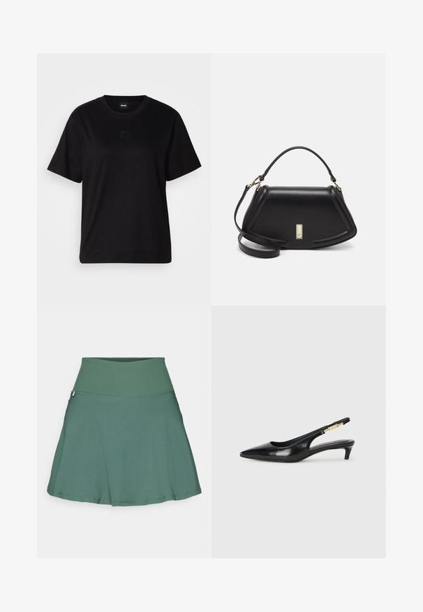 Melna kokvilnas T-krekls ar apaļu izgriezumu, īsām piedurknēm un izšūtu logotipu uz krūtīm. Vienkāršs, brīvs piegriezums bez rakstiem.; Zaļa aktīvā svārku ar platu ribota vidukļa joslu; gluda tekstūra; izplatīta dizaina; līdz ceļgaliem; bez redzamām rakstām vai metāla detaļām.; Melnas ādas slingback zābaki ar smailu purngalu, ar šauru papēdi un zelta krāsas akcentu uz regulējama siksniņas. Gluda tekstūra.; Melnas ādas roku soma ar struktūru, ar īsu formu, augšējo rokturi un zelta aksesuāriem. Iekļauta regulējama plecu siksna.