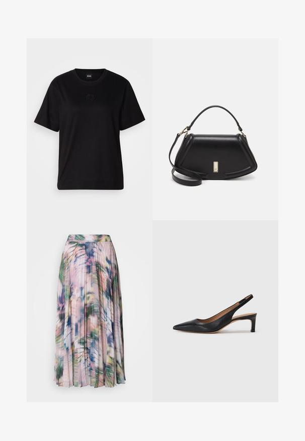 Čierne bavlnené tričko s okrúhlym výstrihom, krátkymi rukávmi a vyšívaným logom na hrudi. Jednoduchý, voľný strih bez vzorov.; Plisovaná midi sukňa z ľahkej, priesvitnej látky. Má viacfarebný abstraktný kvetinový vzor v odtieňoch ružovej, zelenej a modrej.; Čierne kožené slingback lodičky s špicatou špičkou, nízkym opätkom a hladkým povrchom. Obsahujú tenký nastaviteľný remienok pre bezpečné upevnenie.; Čierna kožená kabelka so štruktúrovaným dizajnom, s krátkym tvarom, hornou rúčkou a zlatými prvkami. Súčasťou je nastaviteľný ramenný popruh.