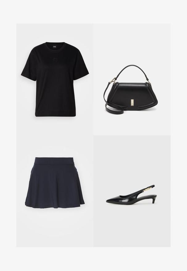 Μαύρο βαμβακερό μπλουζάκι με στρογγυλή λαιμόκοψη, κοντά μανίκια και κεντημένο λογότυπο στο στήθος. Απλή, χαλαρή γραμμή χωρίς σχέδια.; Μπλε ναυτικού φούστα σε στυλ καμπάνα, φτιαγμένη από μαλακό ύφασμα με ελαστική μέση. Το τελείωμα είναι λείο και δεν διαθέτει στολίδια ή μοτίβα.; Μαύρες δερμάτινες γόβες slingback με μυτερή μύτη, διαθέτοντας λεπτό τακούνι και χρυσή λεπτομέρεια στην ρυθμιζόμενη λωρίδα. Λείος υφές.; Μαύρη δερμάτινη τσάντα με δομημένο σχέδιο, που διαθέτει κομμένο σχήμα, επάνω λαβή και χρυσά μεταλλικά στοιχεία. Περιλαμβάνει ρυθμιζόμενο λουρί ώμου.