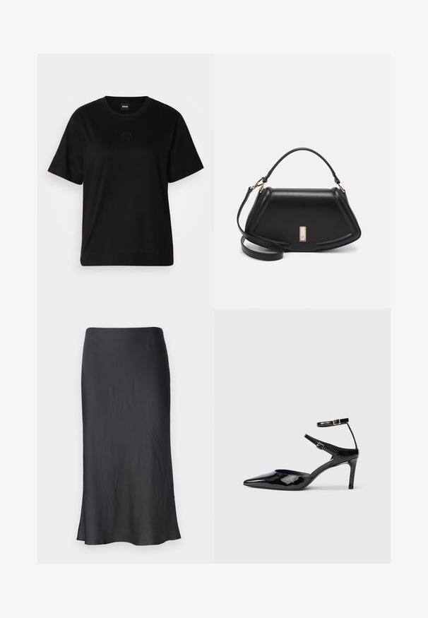 Svart bomull T-skjorte med rund hals, korte ermer og et brodert logo på brystet. Enkel, avslappet passform uten mønstre.; Svart satengskjørt med rett snitt og subtil glans. Har en myk tekstur og en mid-lengde design, med en liten flare i kanten.; Sorte lakkede hæle med spids tå, justerbare ankelstropper og en slank hæl. Glat tekstur med en skinnende overflade.; Sort lærveske med en strukturert design, som har en avkortet form, topphåndtak og detaljer i gull. Justerbar skulderstropp inkludert.
