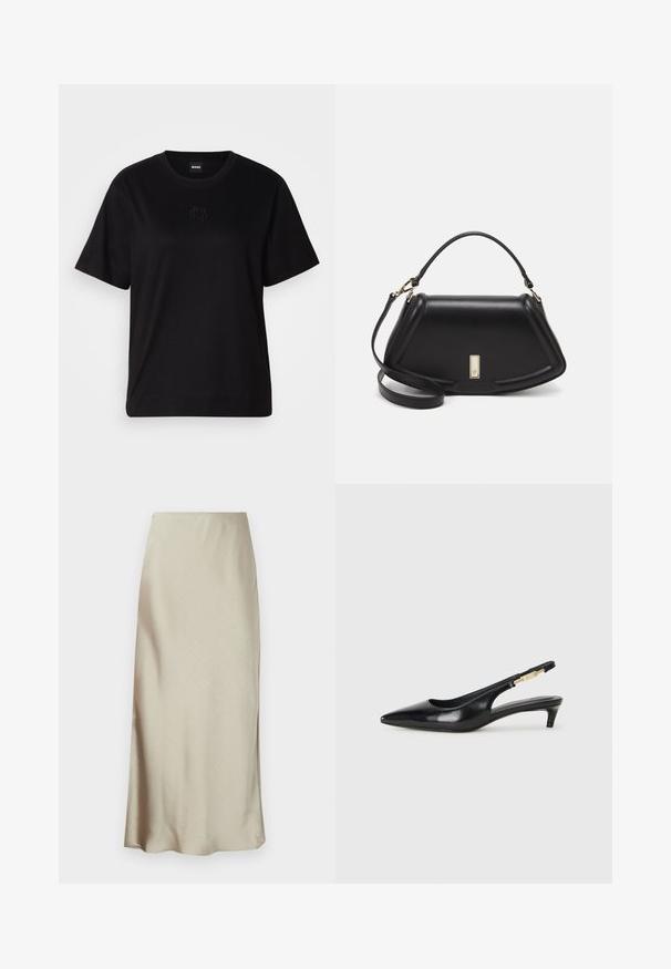 Črna bombažna majica s krožnim izrezom, kratkimi rokavi in izvezenim logotipom na prsih. Preprosta, sproščena silhueta brez vzorcev.; Dolga, svetlo bež krila iz gladkega materiala z rahlim sijajem in razširjenim robom, ki zagotavlja elegantno, minimalistično oblikovanje.; Črne usnjene sandale na peto z ostro konico, ki imajo tanko peto in zlat ton na nastavljivem traku. Gladka tekstura.; Črna usnjena torbica s strukturnim dizajnom, ki ima skrajšano obliko, zgornji ročaj in zlate dodatke. Vključena je nastavljiva ramenska naramnica.