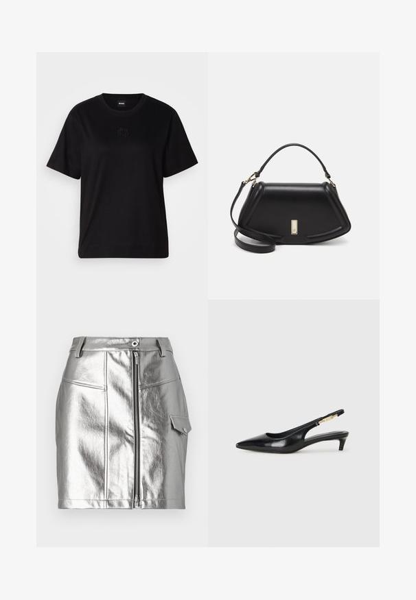 Mustmust särk, millel on ümar kaelus, lühikesed varrukad ja tindiga tikitud logo rinnal. Lihtne, mugav lõige ilma mustriteta.; Metallik hõbedane mini-seelik ees oleva tõmbluku, vöökonksude ja küljetaskuga. Omab siledat tekstuuri ja istuvat disaini.; Mustad nahast slingback kontsad terava ninaga, millel on õhuke konts ja kuldse tooni aktsent reguleeritaval rihmal. Sile tekstuur.; Must mustrist käekott, millel on struktureeritud disain, lühendatud kuju, ülemine käepide ja kuldne metallist detail. Reguleeritav õlalihm on kaasas.