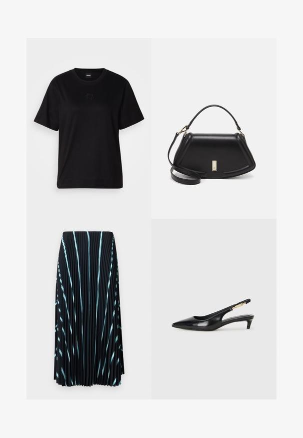Svart bomullströja med rund halsringning, korta ärmar och en broderad logotyp på bröstet. Enkel, avslappnad passform utan mönster.; Svart plisserad kjol med ljusblå snedställda ränder. Tillverkad av lätt, texturerad tyg. Faller till mitt på vaden utan synliga knäppningar.; Svart läder slingback-hälar med spetsig tå, med en smal klack och en guldtonad detalj på den justerbara remmen. Slät textur.; Svart läderhandväska med en strukturerad design, som har en avskuren form, ett handtag upptill och guldiga detaljer. Justerbar axelrem ingår.