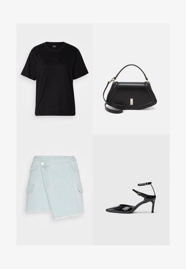 Musta puuvillapaita, jossa on pyöreä kaula-aukko, lyhyet hihat ja brodeerattu logo rinnassa. Yksinkertainen, rento istuvuus ilman kuvioita.; Vaaleansininen farkuhame, jossa on revitty helma, etunappisulku ja kaksi sivutaskua. Hameessa on rento istuvuus ja sileä rakenne.; Mustat lakatut korkokengät, joissa on terävä kärki, säädettävät nilkkahihnat ja hoikka korko. Suora pinta, joka näyttää kiiltävältä.; Mustalla nahkalaukulla, jossa on jämäkkä muotoilu, lyhyt malli, yläkahva ja kultaiset yksityiskohdat. Säädettävä olkahihna sisältyy.