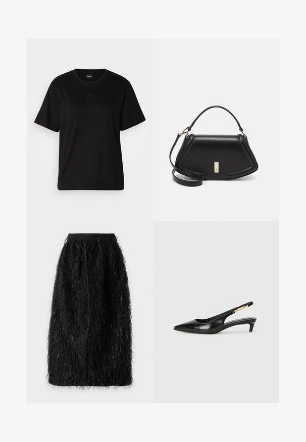 Schwarzes Baumwoll-T-Shirt mit Rundhalsausschnitt, kurzen Ärmeln und aufgesticktem Logo auf der Brust. Einfacher, lässiger Schnitt ohne Muster.; Schwarzer Rock mit einer strukturierten, fusseligen Optik, der metallische Fasern enthält. Knielang mit einem elastischen Bund.; Schwarze Leder-Slingback-Pumps mit spitzem Schuhblatt, ausgestattet mit einem schlanken Absatz und einem goldfarbigen Akzent am verstellbaren Riemen. Glatte Textur.; Schwarze Lederhandtasche mit einem strukturierten Design, das eine verkürzte Form, einen oberen Griff und goldfarbene Hardware-Details aufweist. Verstellbarer Schulterriemen ist enthalten.