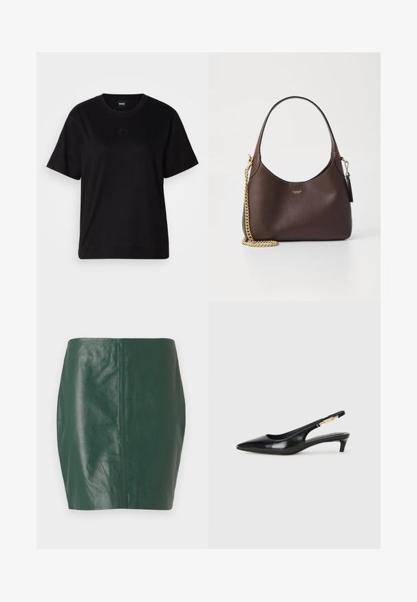 Melna kokvilnas T-krekls ar apaļu izgriezumu, īsām piedurknēm un izšūtu logotipu uz krūtīm. Vienkāršs, brīvs piegriezums bez rakstiem.; Zaļš ādas mini svārks ar gludu tekstūru un pieguļošu formu. Ir beztaras dizains bez redzamām aizdarēm vai metāla elementiem.; Melnas ādas slingback zābaki ar smailu purngalu, ar šauru papēdi un zelta krāsas akcentu uz regulējama siksniņas. Gluda tekstūra.; COACH BROOKLYN SHOULDER BAG 23 - Rokassoma - maple