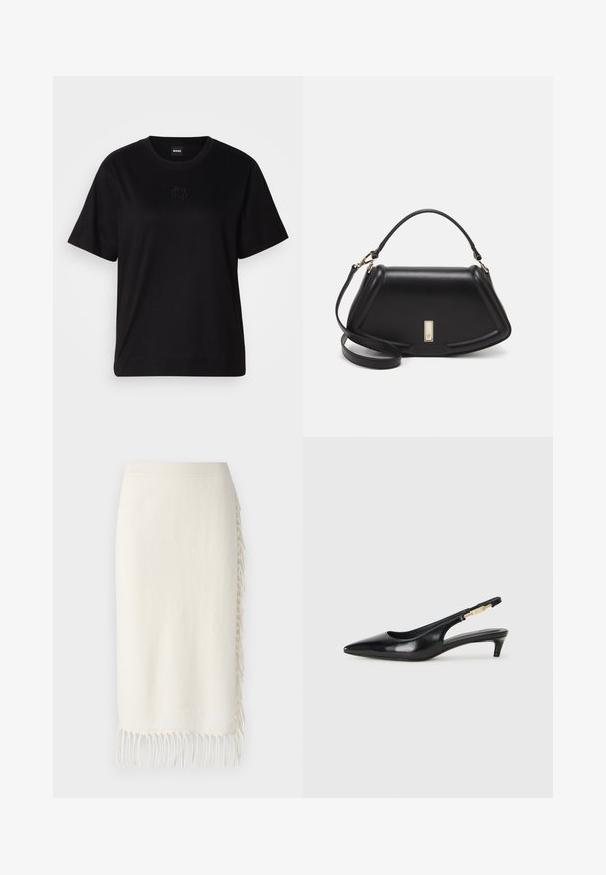 T-shirt en coton noir avec un col rond, des manches courtes et un logo brodé sur la poitrine. Coupe simple et décontractée sans motifs.; Jupe en tricot crème avec une taille à côtes et des détails en franges texturés sur un côté, fabriquée en matériau doux et léger.; Talons hauts en cuir noir avec un bout pointu, dotés d'un talon fin et d'un accent en ton or sur la lanière réglable. Texture lisse.; Sac à main en cuir noir avec un design structuré, featuring une forme cropped, une poignée supérieure et des accents en matériel doré. Bandoulière réglable incluse.