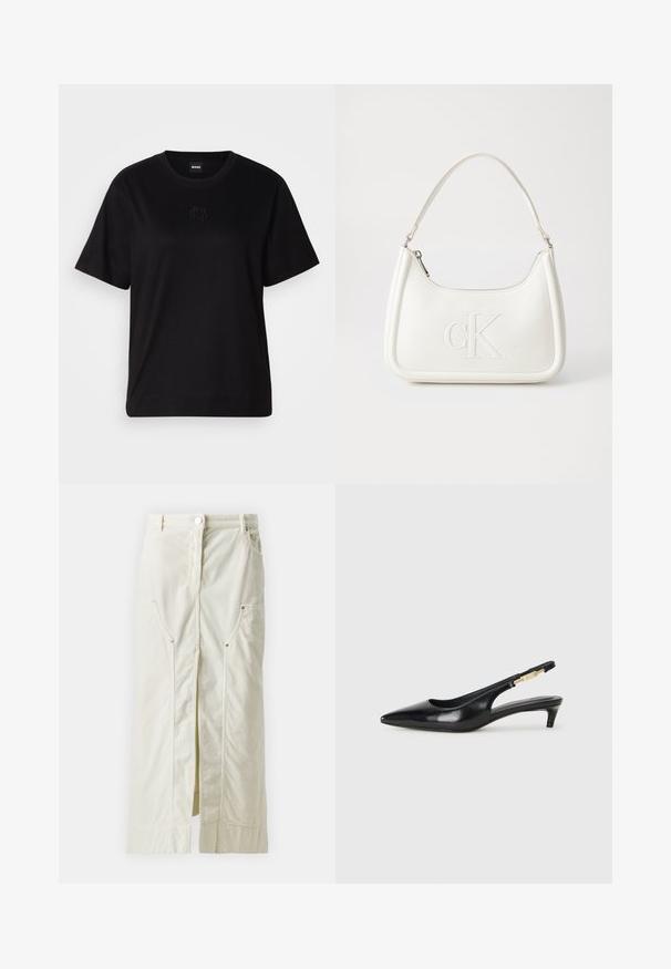 Melna kokvilnas T-krekls ar apaļu izgriezumu, īsām piedurknēm un izšūtu logotipu uz krūtīm. Vienkāršs, brīvs piegriezums bez rakstiem.; Gai beige krēmpu svārki ar priekšējo šķirbu, divām sānu kabatām ar spiedpogām un pogu aizdari jostasvietā.; Melnas ādas slingback zābaki ar smailu purngalu, ar šauru papēdi un zelta krāsas akcentu uz regulējama siksniņas. Gluda tekstūra.; Balta ādas rokassoma ar noapaļotu formu, uz kuras priekšpuses ir izgriezts "CK" logo un viena plecu siksna. Augšā aizverama ar rāvējslēdzēju.