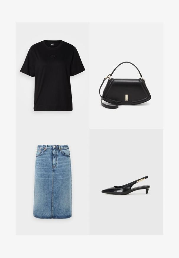 Crna pamučna majica s okruglim izrezom, kratkim rukavima i izvezenim logotipom na prsima. Jednostavan, opušten kroj bez uzorka.; Traper suknja u svijetloplavoj boji. Ima ravnu siluetu, pet džepova i dugme za zatvaranje sa prošivenim petljama za pojas. Akcenti u iznošenom izgledu.; Crne kožne sandale s petom, s izduženim vrhom, imaju usku petu i zlatni akcent na podesivoj traci. Glatka tekstura.; Crna kožna torba s strukturiranim dizajnom, s krojenim oblikom, gornjom drškom i zlatnim detaljima. Uključena je podesiva ramena traka.