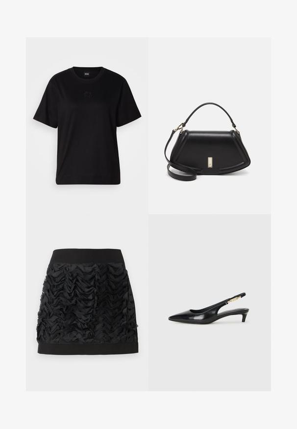 Musta puuvillapaita, jossa on pyöreä kaula-aukko, lyhyet hihat ja brodeerattu logo rinnassa. Yksinkertainen, rento istuvuus ilman kuvioita.; Musta mini-hame, jossa on röyhelöinen sifonkiosa edessä ja sileä musta vyötärö. Röyhelöt luovat rakennetta ja liikettä.; Mustat nahkaiset slingback-korkokengät, joissa on terävä kärki, ohuet korot ja kultasävytteinen yksityiskohta säädettävässä hihnassa. Silkkinen pinta.; Mustalla nahkalaukulla, jossa on jämäkkä muotoilu, lyhyt malli, yläkahva ja kultaiset yksityiskohdat. Säädettävä olkahihna sisältyy.