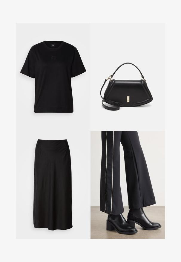 Schwarzes Baumwoll-T-Shirt mit Rundhalsausschnitt, kurzen Ärmeln und aufgesticktem Logo auf der Brust. Einfacher, lässiger Schnitt ohne Muster.; Schwarzer Midi-Rock aus weichem, leichtem Stoff. Mit einem glatten, elastischen Bund und einer fließenden Silhouette, die leicht A-förmig geschnitten ist.; Schwarze Lederstiefeletten mit einem Blockabsatz, ausgestattet mit elastischen seitlichen Einsätzen. Kombiniert mit schwarzen Hosen, die einen weißen Seitenstreifen haben.; Schwarze Lederhandtasche mit einem strukturierten Design, das eine verkürzte Form, einen oberen Griff und goldfarbene Hardware-Details aufweist. Verstellbarer Schulterriemen ist enthalten.